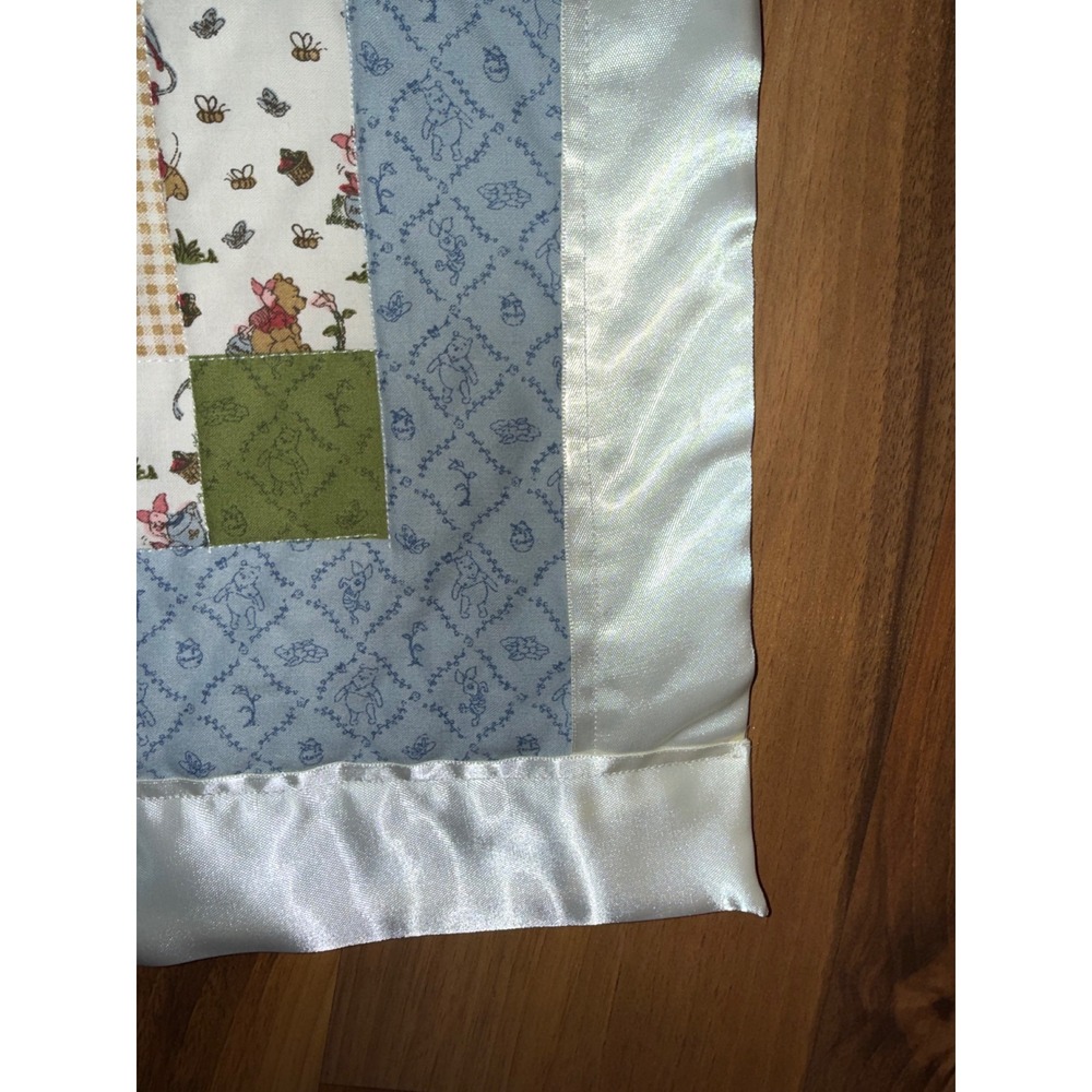 Disney Winnie the Pooh Baby Quilt Blue Tan Satin Trim Patchwork homemade crib - Picture 3 of 7